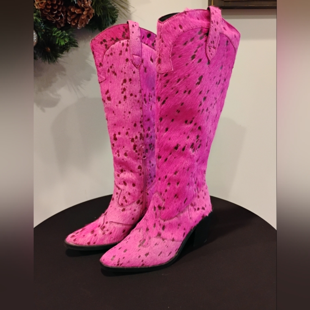 Nasty Gal Hair On Knee High Cerise Pony Skin Fuschia Cowboy Boots NWOT Size 8 - Picture 4 of 10